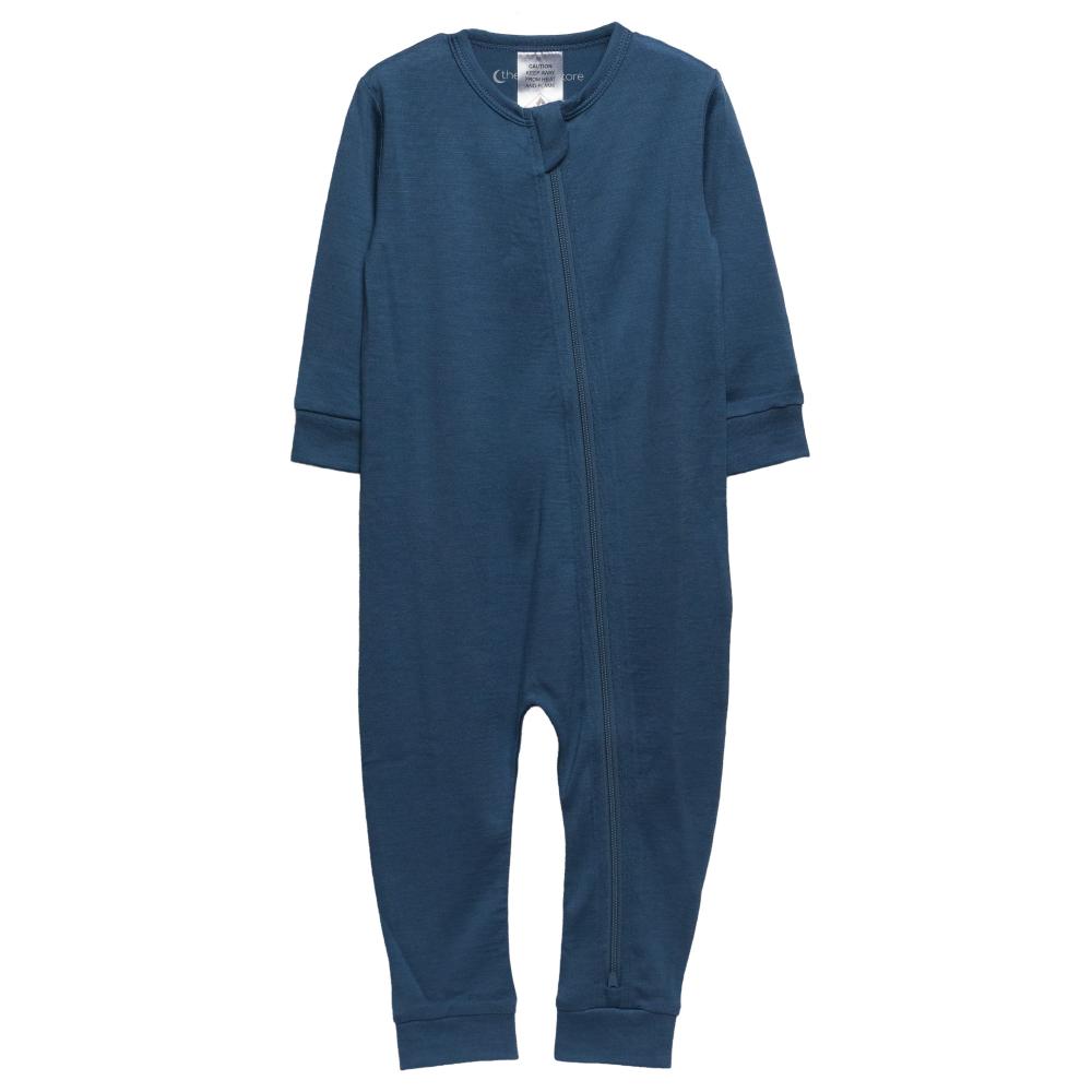 A dark blue long-sleeve jersey merino baby footless one-piece zipsuit with a front zipper, shown flat against a white background.