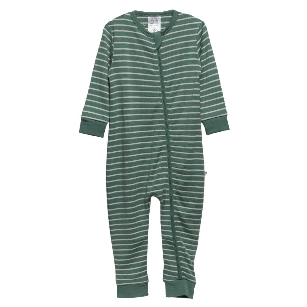 Jersey Merino green and white striped onesie on a white background