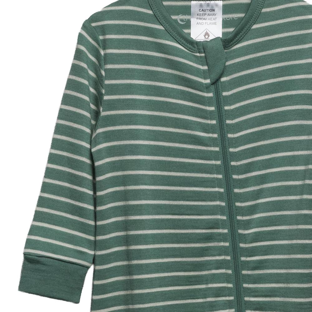 Merino green and white striped baby onesie with a zipper on a white background