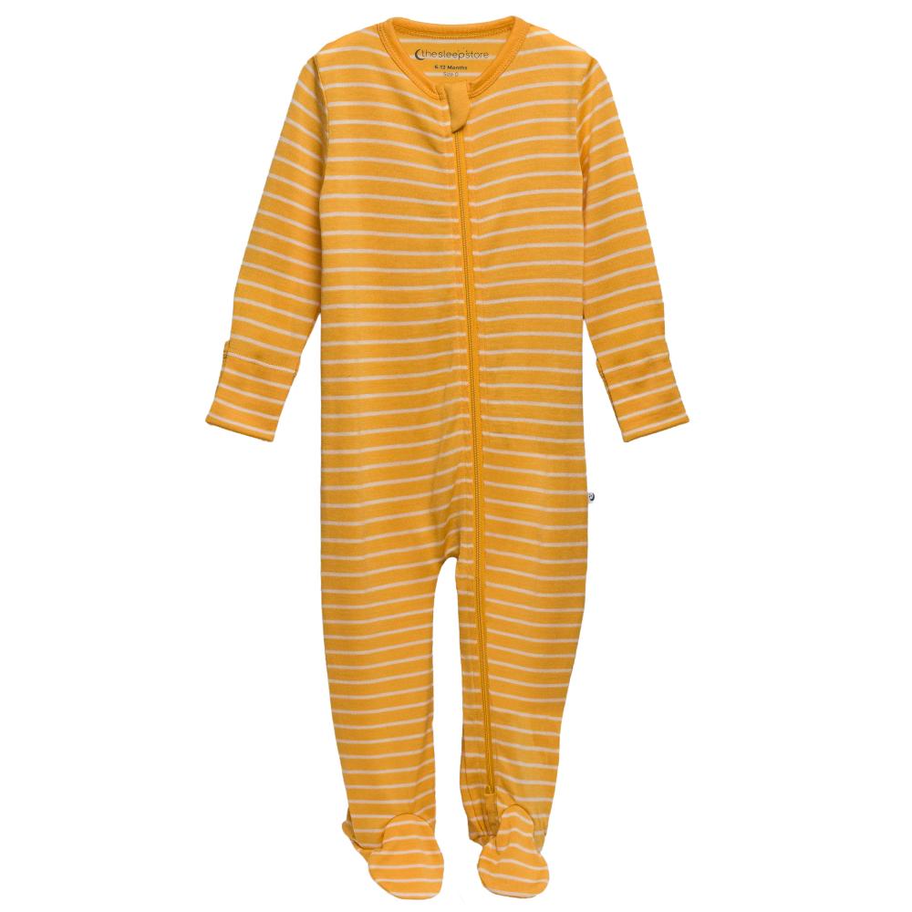 Jersey Merino footed zip suit in yellow stripe against a white background