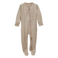 The sleep store jersey merino beige striped baby onesie on a white background