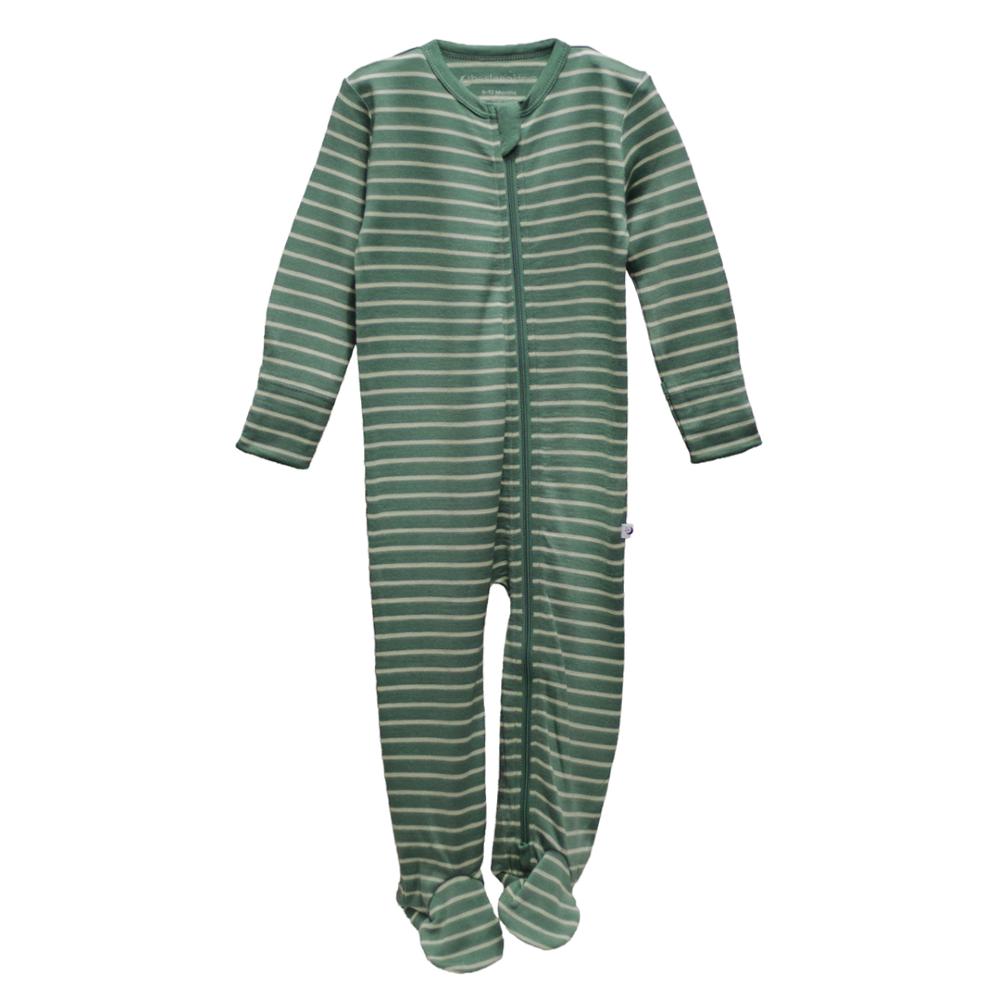 The sleep store jersey merino green and white striped baby onesie on a white background