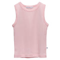 Pink merino deluxe rib singlet on a white background