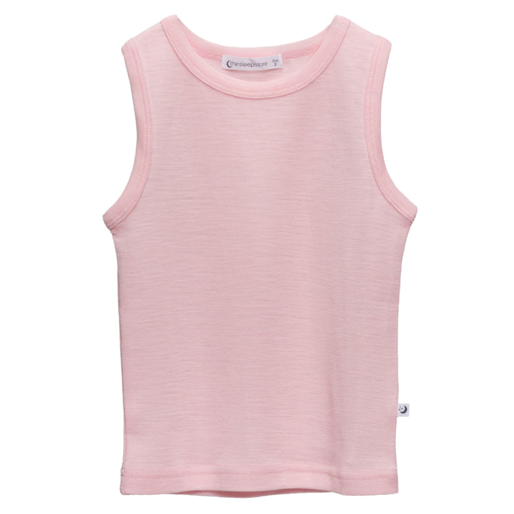 Pink merino deluxe rib singlet on a white background