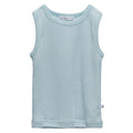 Light blue deluxe merino rib sleeveless singlet on a white background