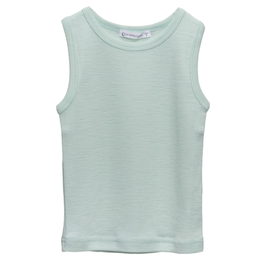 A sleeveless crewneck tank top in a light mint green color, shown flat against a plain white background. The brand name 'The Sleep Store' is visible on the inner neck label.