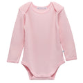 Soft pink deluxe merino rib baby bodysuit with long sleeves on a white background