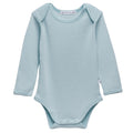 Light blue deluxe merino rib baby bodysuit with long sleeves on a white background
