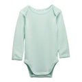 A long-sleeve deluxe merino rib baby bodysuit in a light mint green color, shown flat against a solid white background.