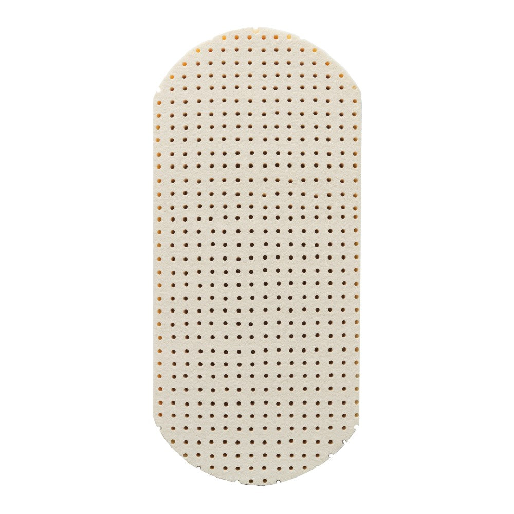 Beige latex moses basket oval-shaped Mattress with a perforated pattern on a white background