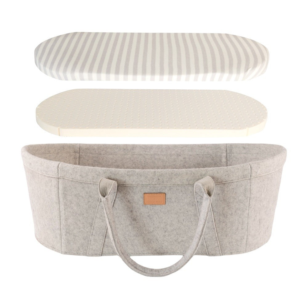 Baby bassinet with striped sheet cover showing a separate latex mattress on a white background