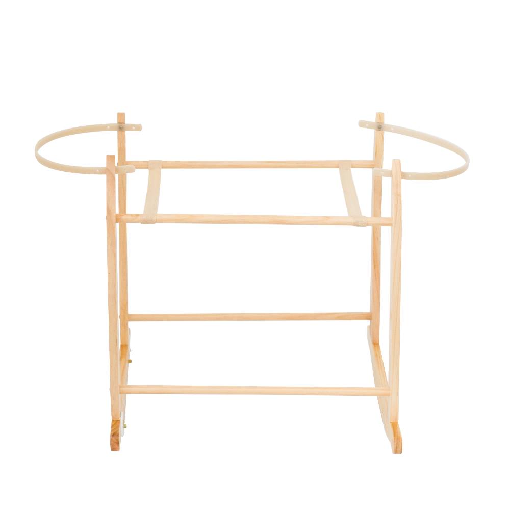 A light natural wood baby moses basket stand rocking legs at the bottom, shown on a plain white background.