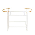 White wooden changing table stand with two brown bands on either side on top shown on a plain white background.