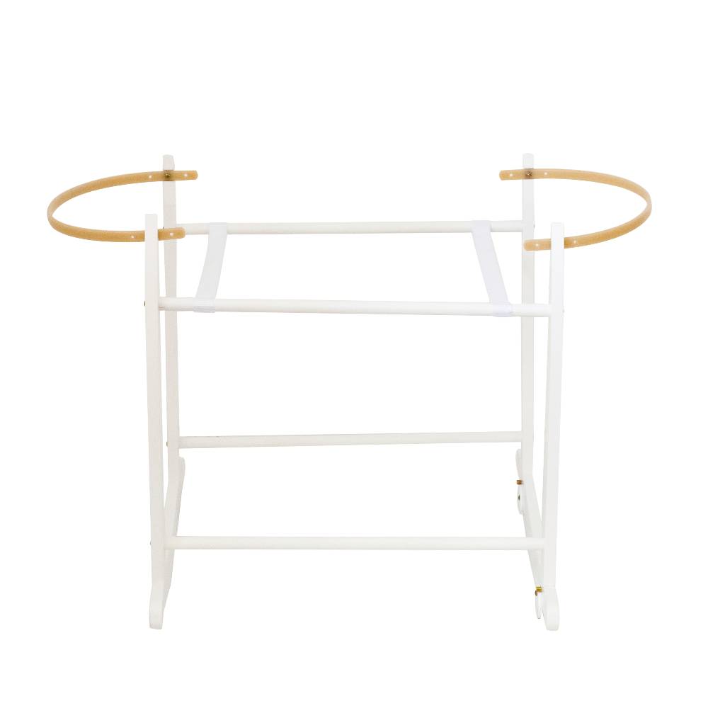 White wooden changing table stand with two brown bands on either side on top shown on a plain white background.