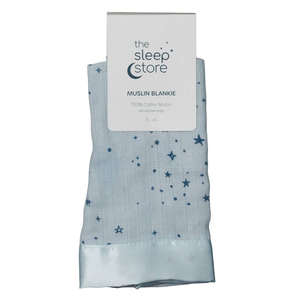 Muslin blanket with star pattern and 'The Sleep Store' label on a white background