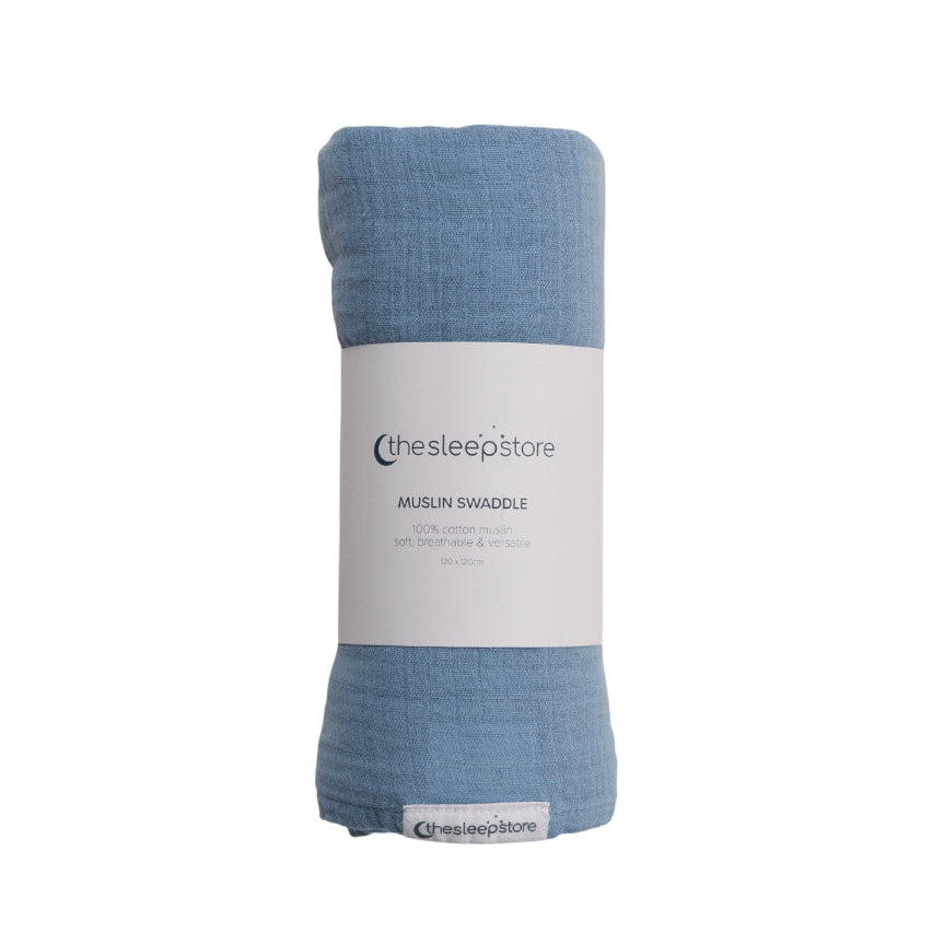 Blue muslin swaddle blanket with a label on a white background