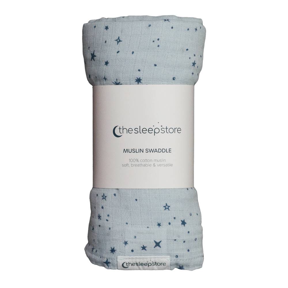 Soft blue Muslin swaddle with star pattern in packaging on a white background