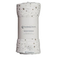 white and grey star print muslin swaddle on a white background