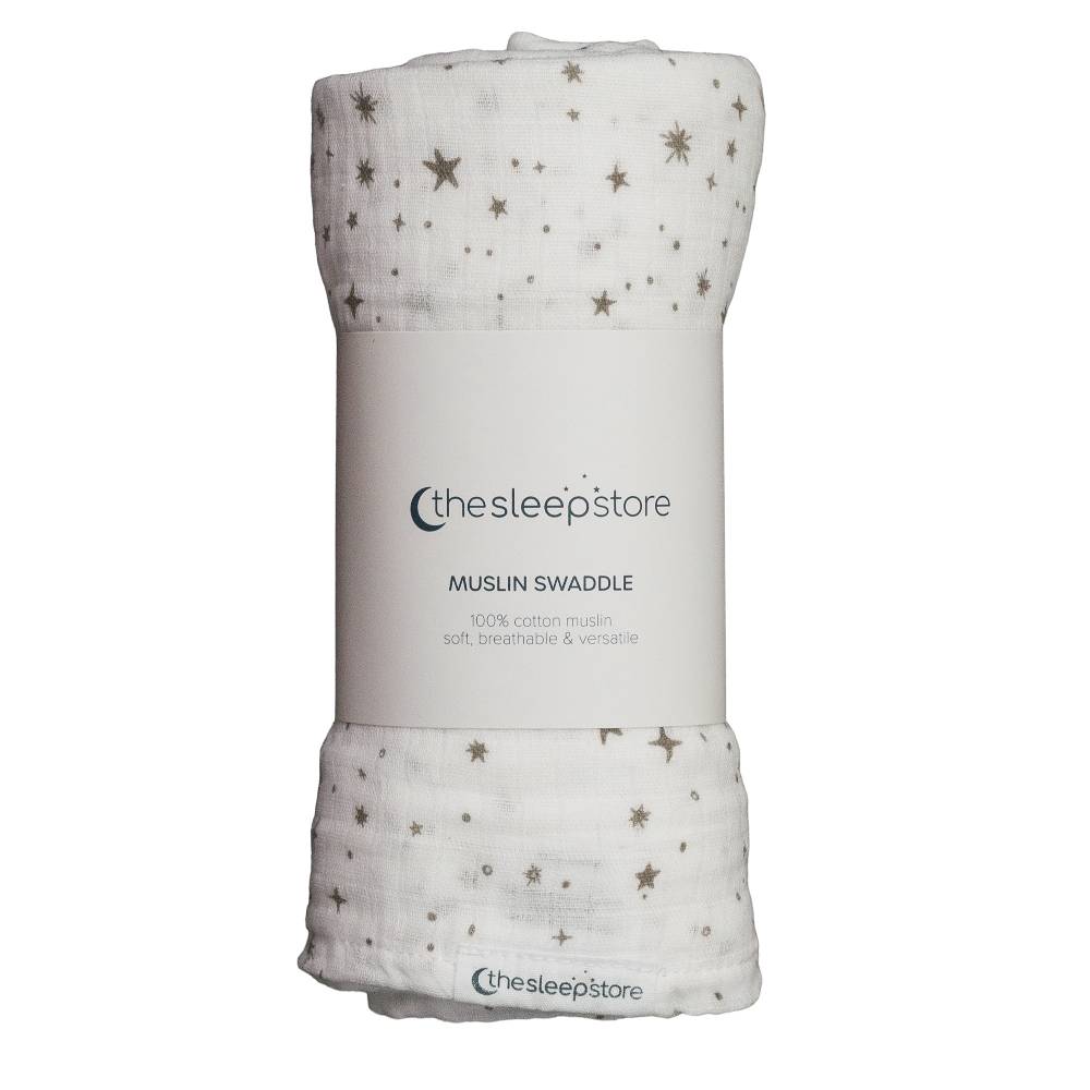 white and grey star print muslin swaddle on a white background