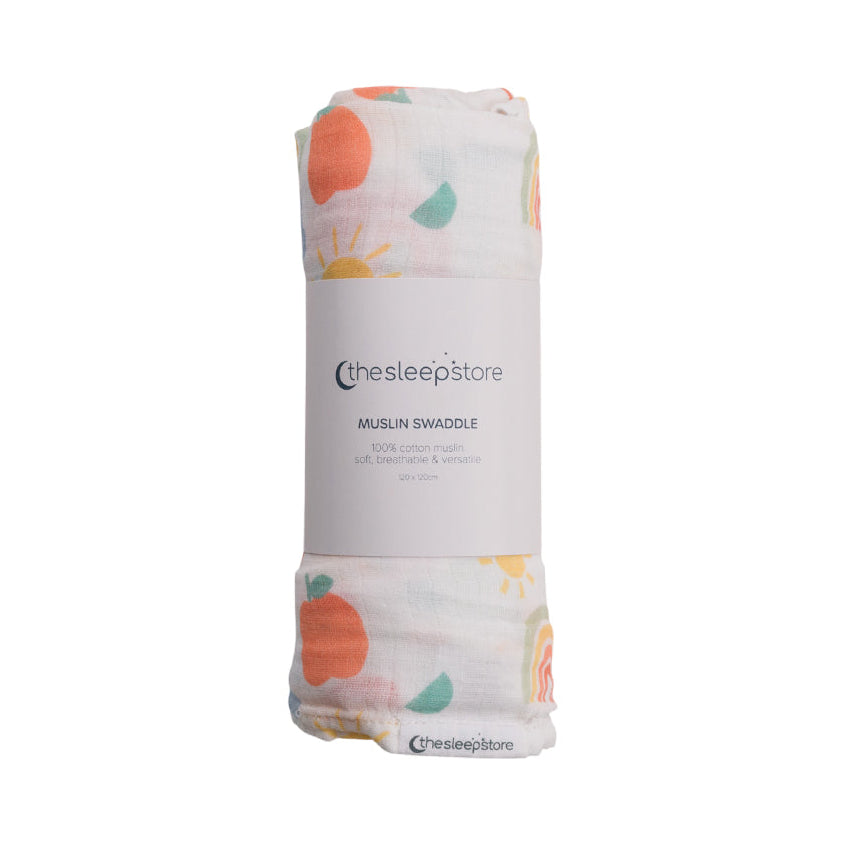 Muslin swaddle with colorful patterns on a white background