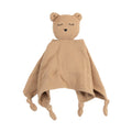 Brown bear-shaped cotton muslin textured comforter on a white background