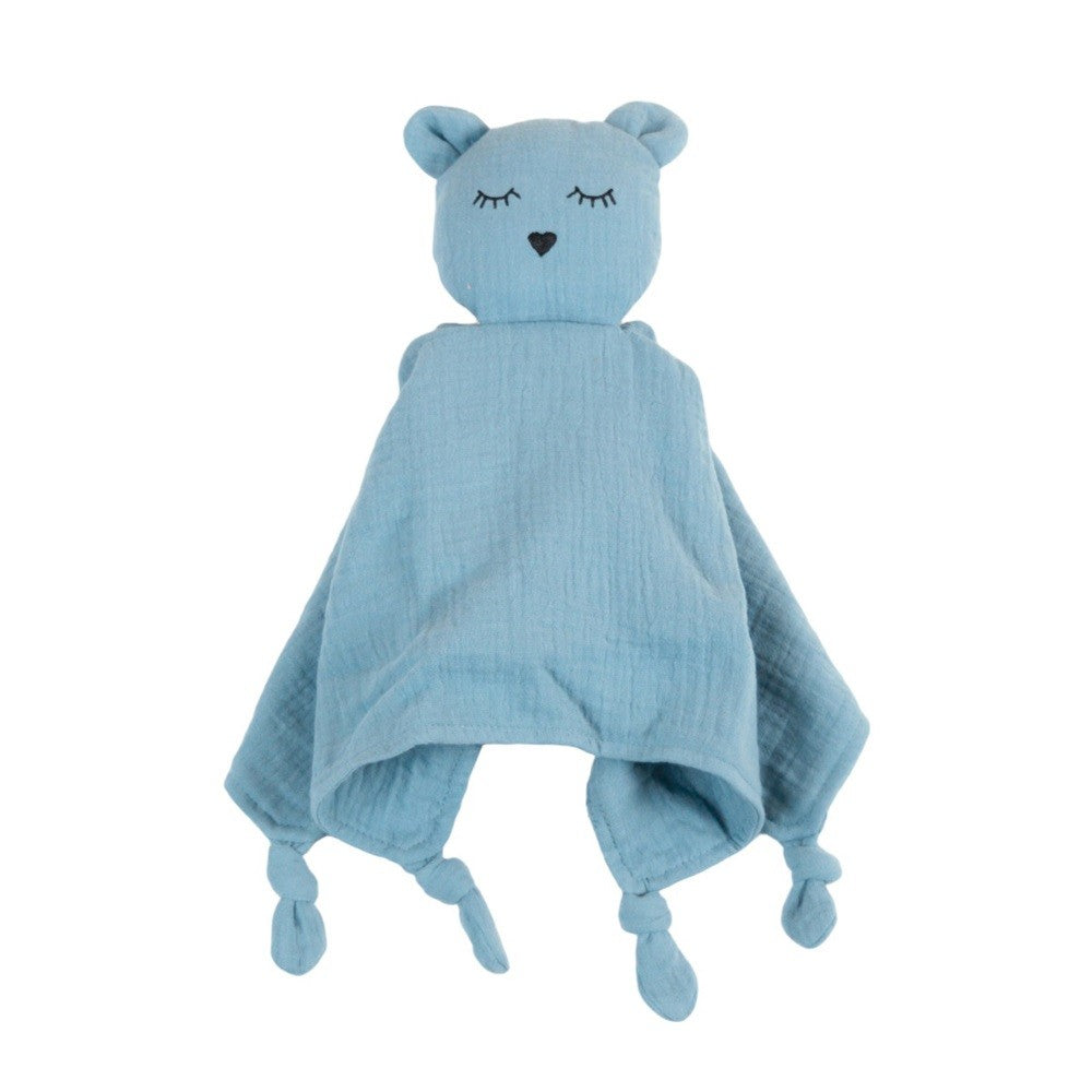 Blue bear-shaped comforter in a cotton muslin fabric on a white background
