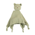 Green plush muslin comforter with bear ears and a heart on a white background