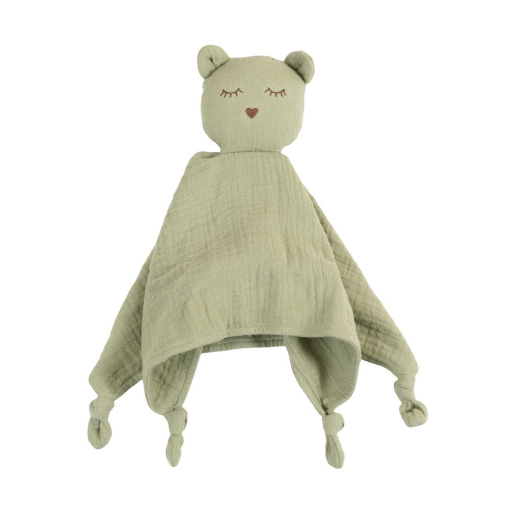 Green plush muslin comforter with bear ears and a heart on a white background