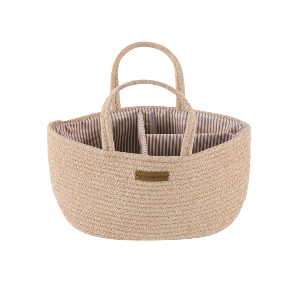 Dark Beige Nappy Caddy with brown leather look brand patch and striped inner on a white background