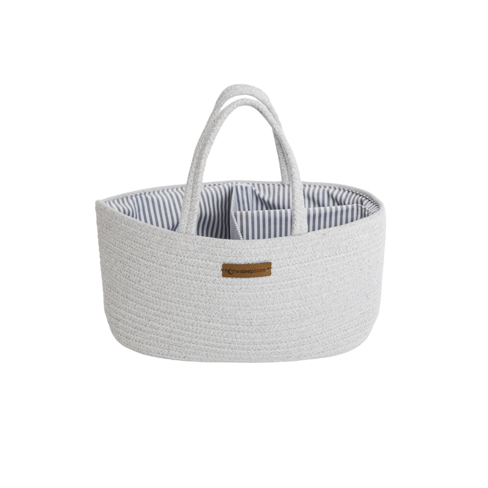 A light gray woven fabric storage basket with two top handles and a striped interior, shown on a plain white background.
