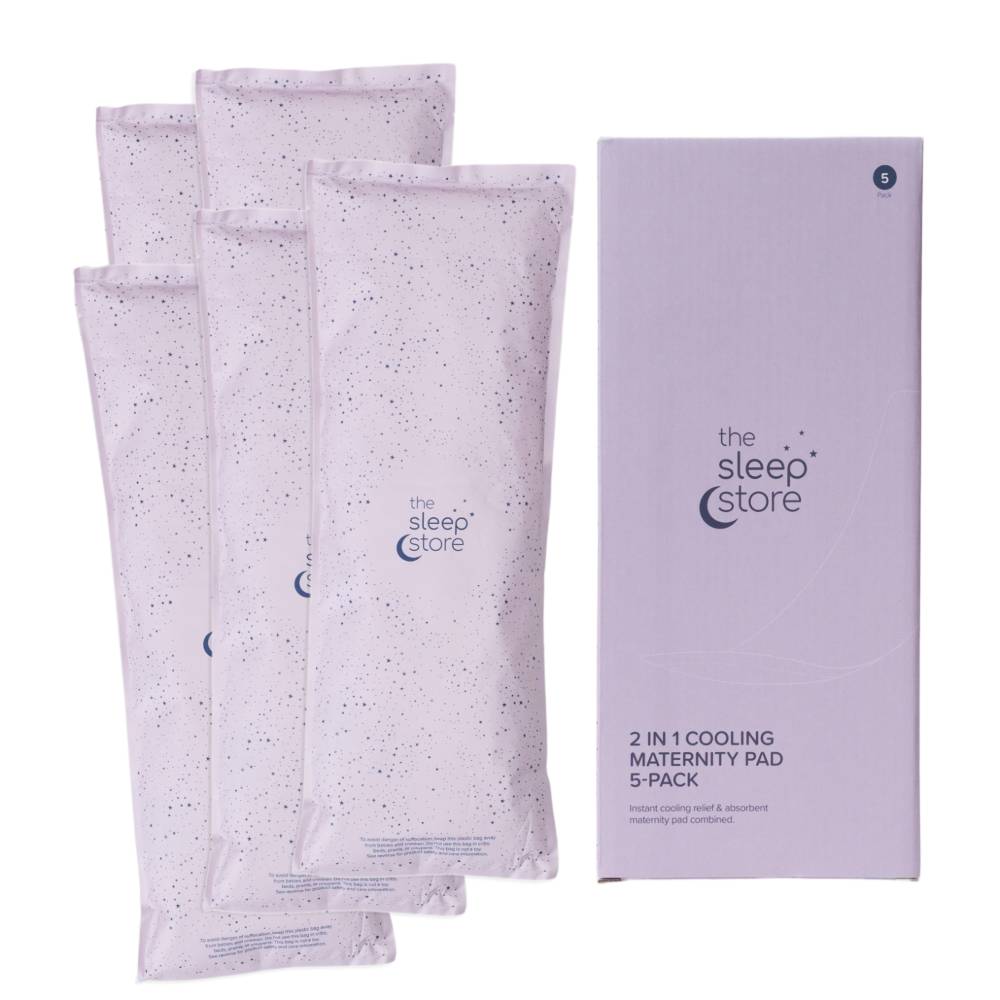 Five cooling maternity pads with packaging from 'The Sleep Store' on a white background
