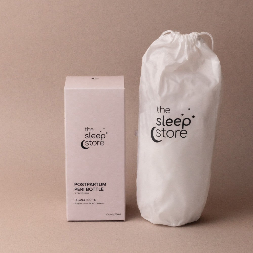 Postpartum peri bottle packaging with drawstring bag from 'the sleep store' on a beige background