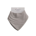 Gray baby bib with brand label on a white background