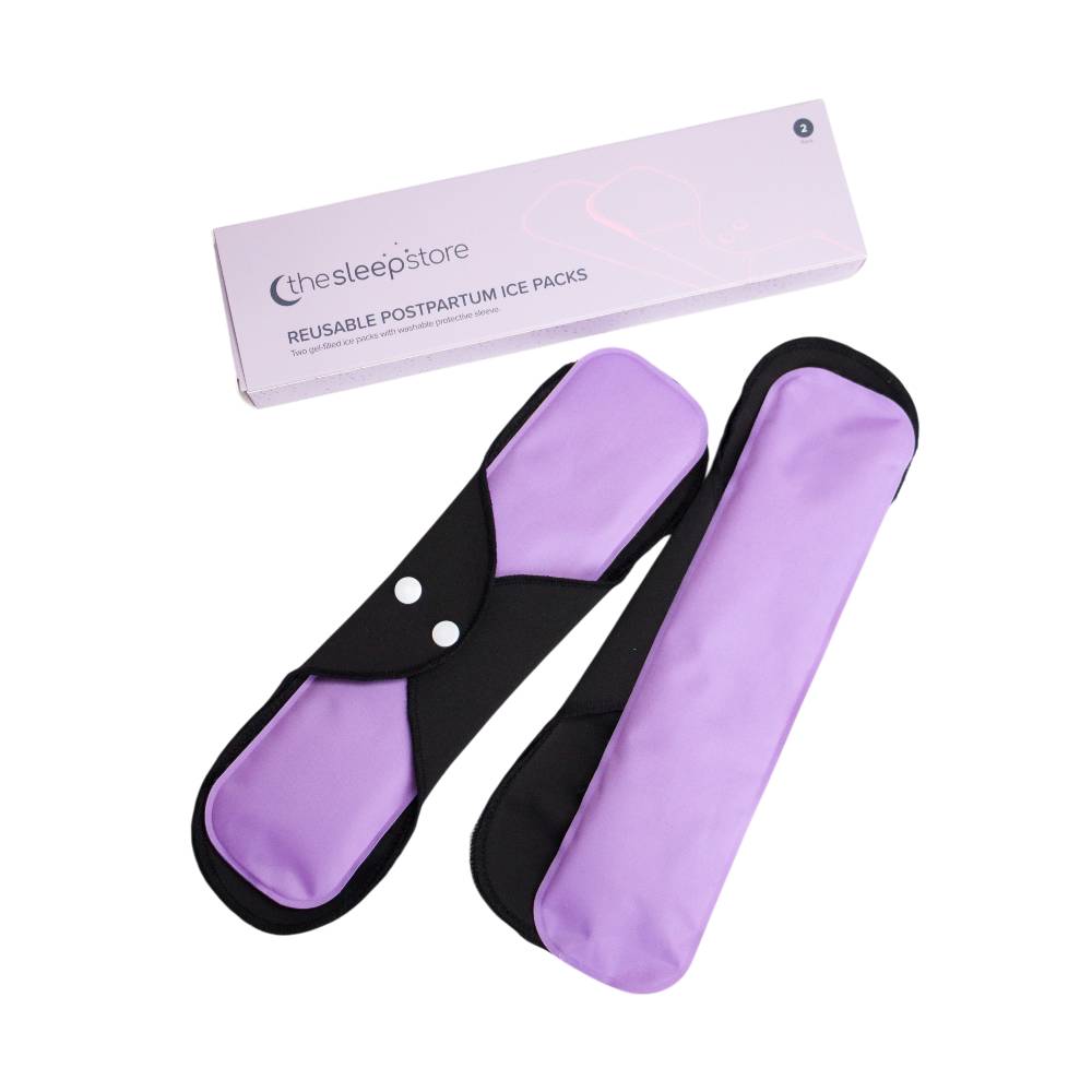 Reusable postpartum ice packs with packaging on a white background