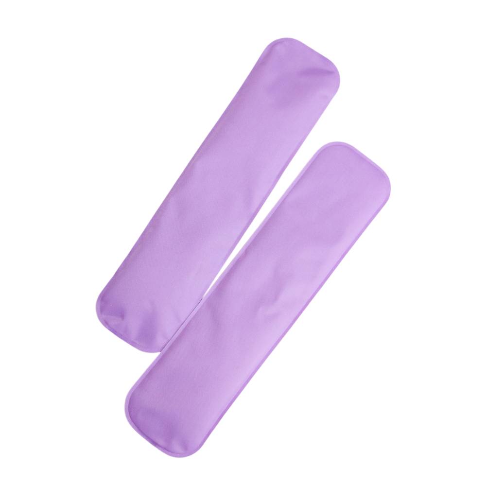 Pair of purple reusable postpartum ice packs on a white background
