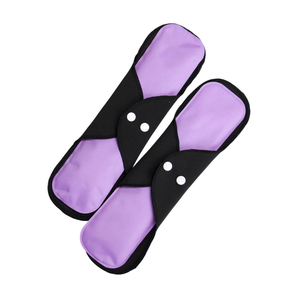 Pair of purple and black reusable postpartum ice packs on a white background
