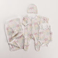 Floral gift pack with onesie, singletsuit booties, beanie and swaddle on white background