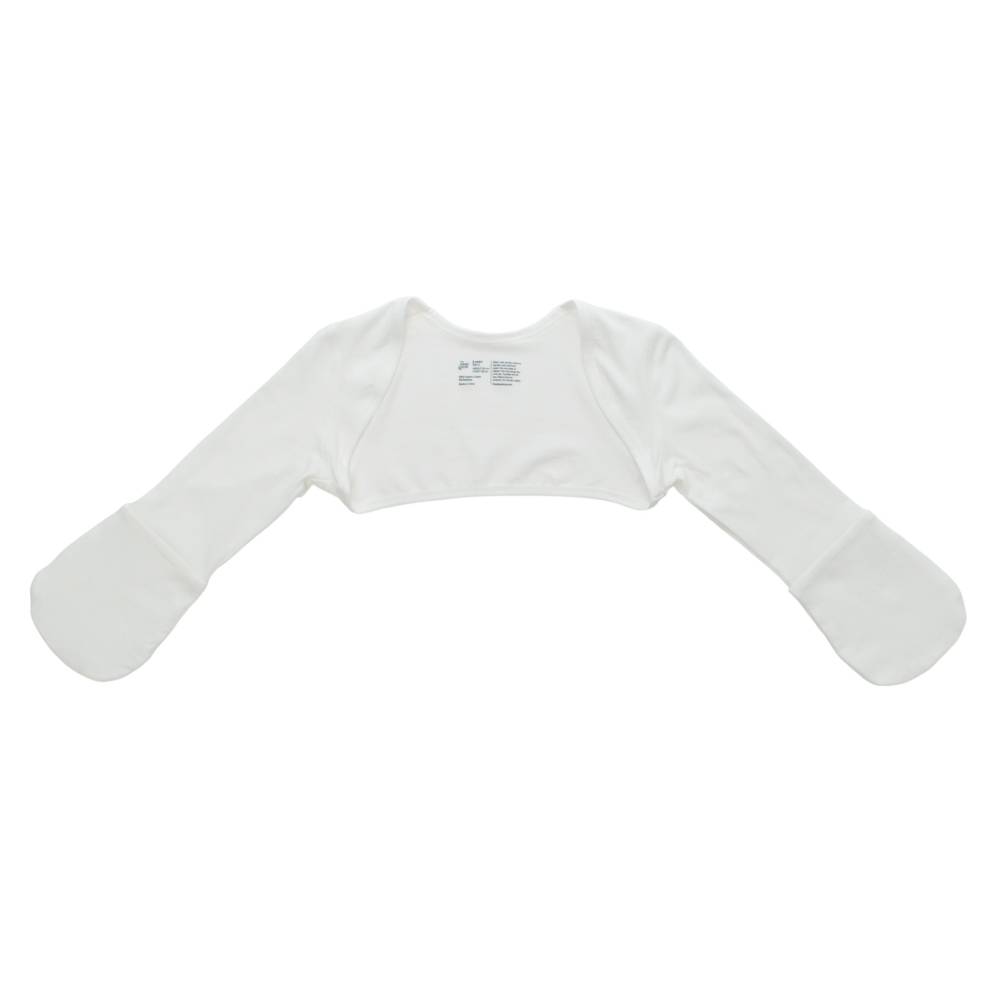 White organic cotton long-sleeve baby mitten sleeves on a white background