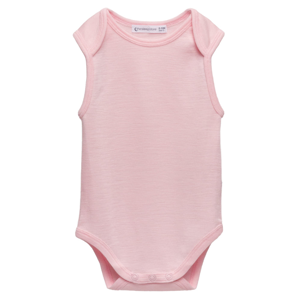 Pink deluxe merino rib knit baby  singlet bodysuit on a white background