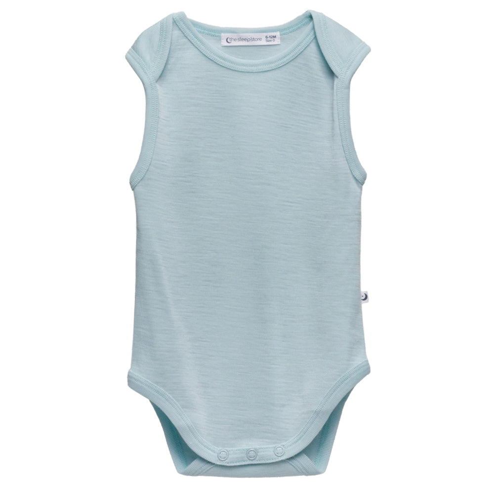 Light blue deluxe merino rib sleeveless baby bodysuit on a white background