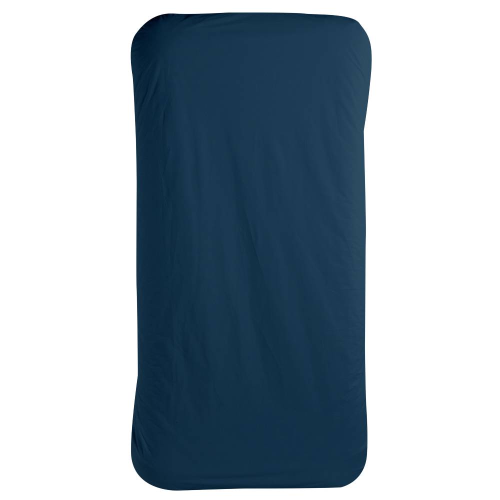 Navy blue fitted sheet on a travel bed  on a white background