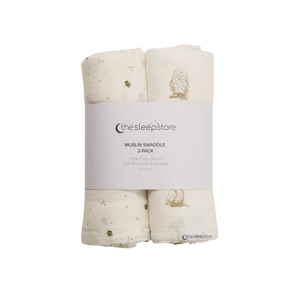 Two muslin swaddles in packaging with 'thesleepstore' branding on a white background