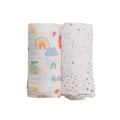 Two baby swaddle blankets with colorful designs on a white background