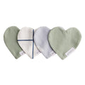 Four heart-shaped comforters in green, white, and gray on a white background