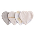 Four heart-shaped comforters in different colors on a white background