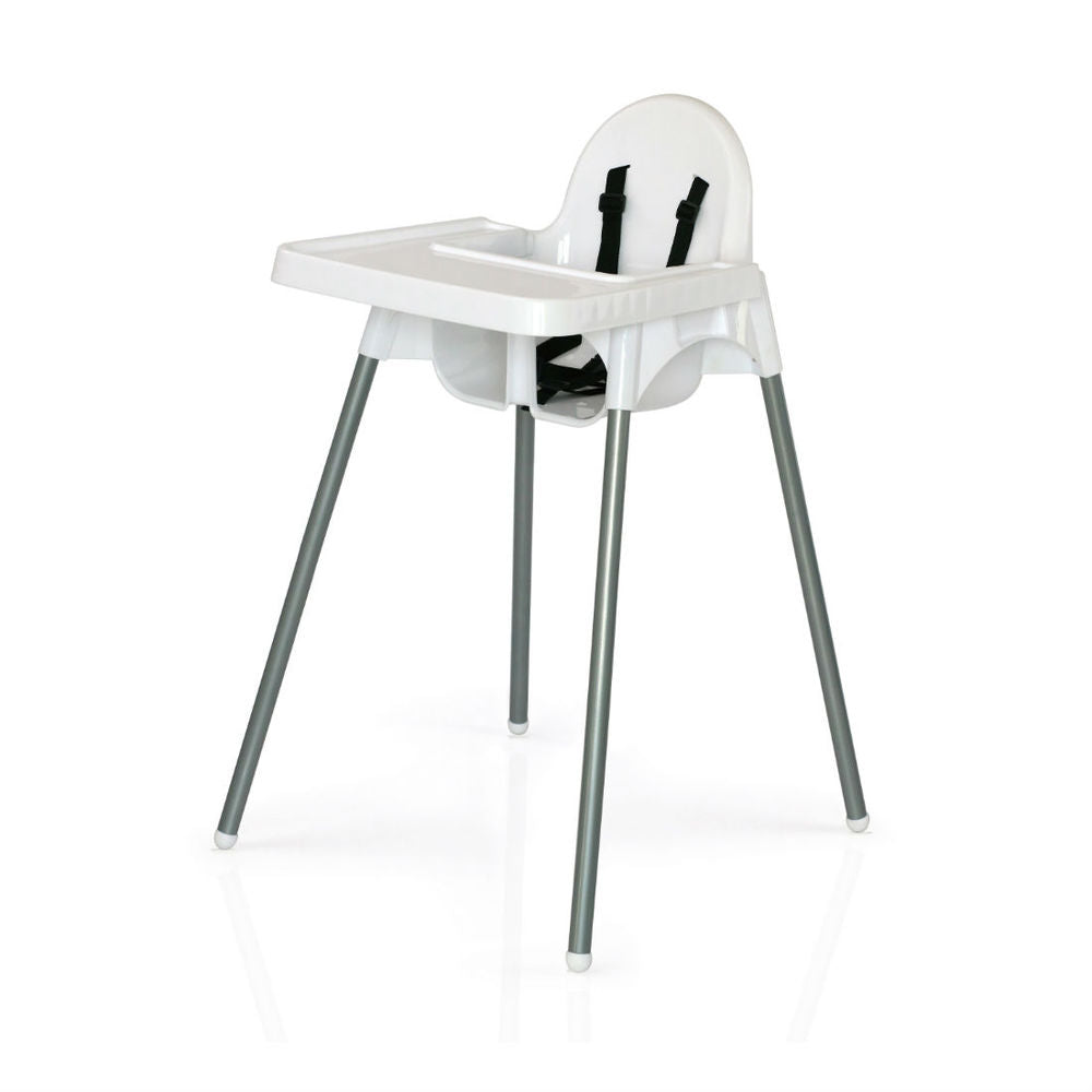 White plastic high chair with gray legs and black straps on a white background
