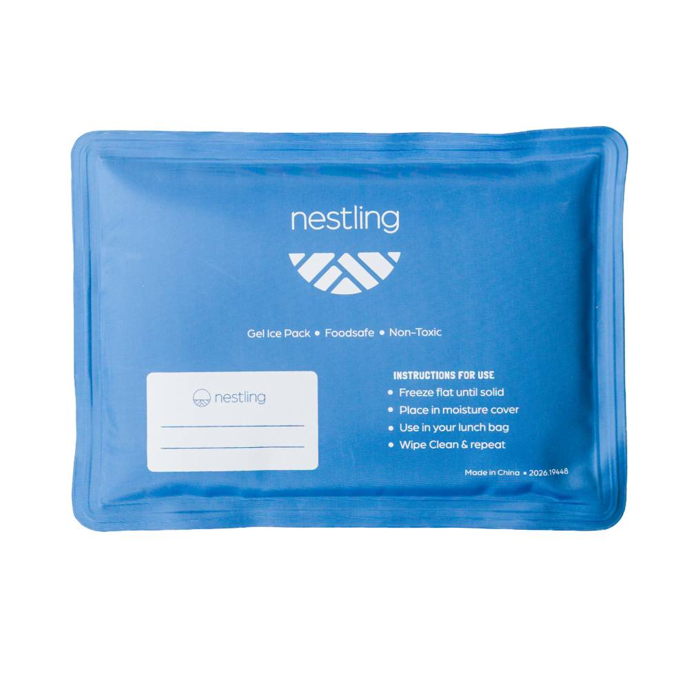 Blue gel ice pack with Nestling branding on a white background