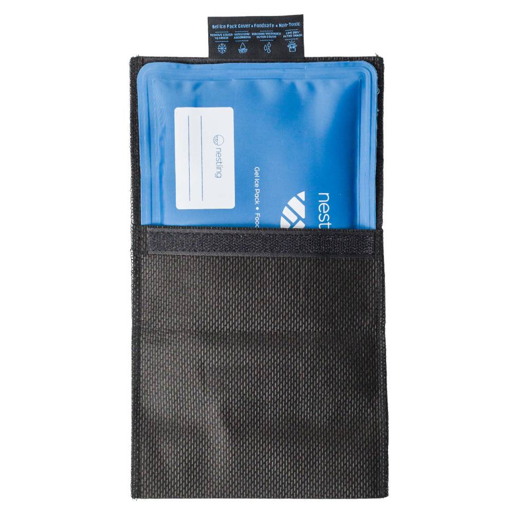 Black mesh pouch with blue interior pocket featuring Nest logo on a white background