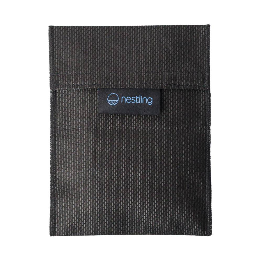 Black fabric pouch with a Nestling logo on a white background