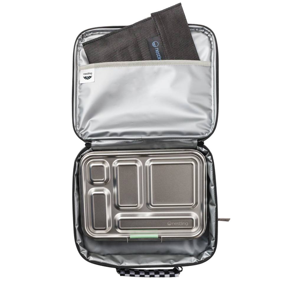 Open Nestling insulated lunch bag with ice pack and compartments on a white background